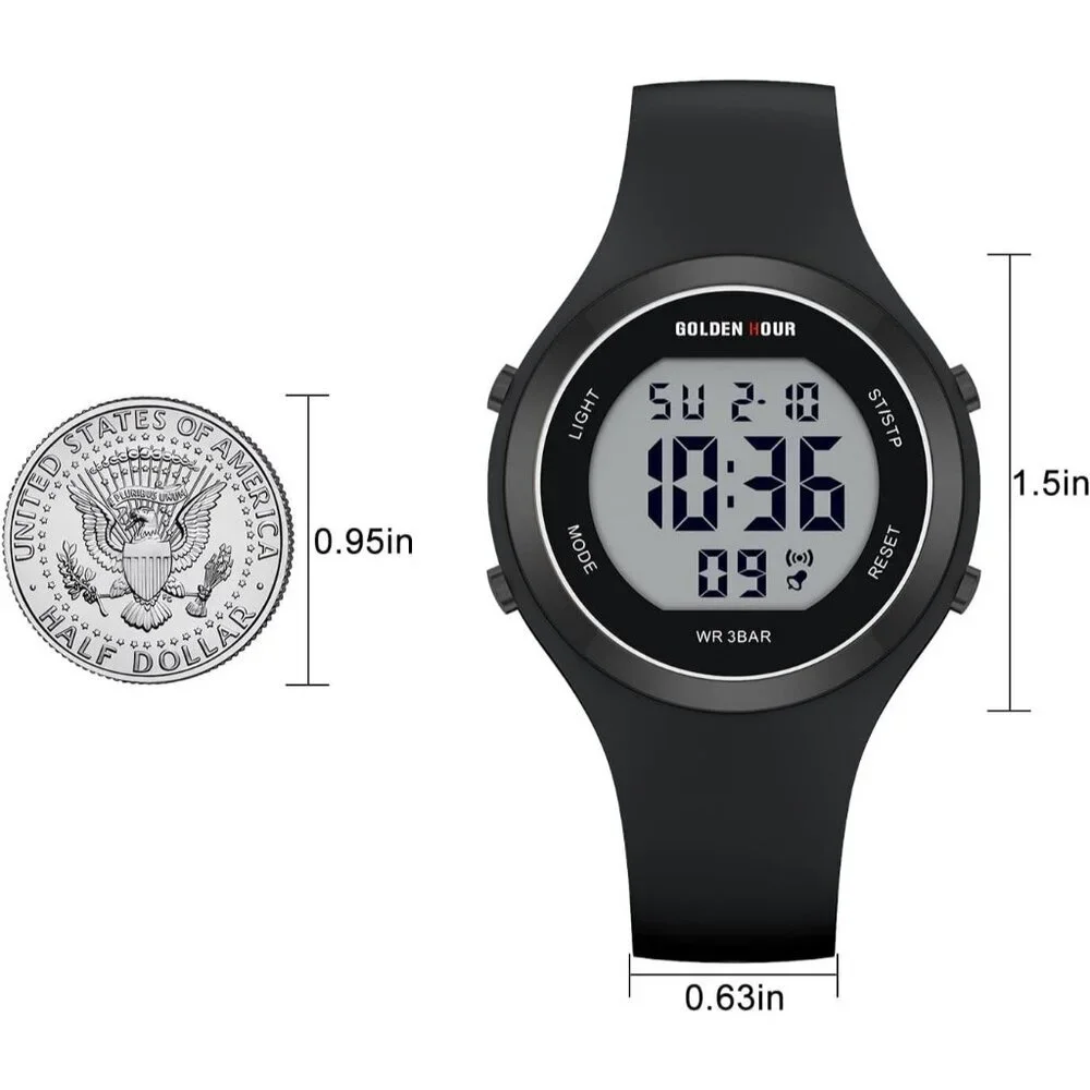 Unisex Black Silicone Digital Sports Water-Resistant Classic Alarm Stopwatch